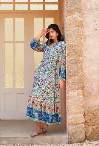 R.Vivimos Women's Long Sleeve Boho Midi Dress V Neck Floral Print Casual Button Down Loose Ruffle Beach Long Dress with Belt in Saudi Arabia