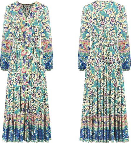R.Vivimos Women's Long Sleeve Boho Midi Dress V Neck Floral Print Casual Button Down Loose Ruffle Beach Long Dress with Belt in Saudi Arabia