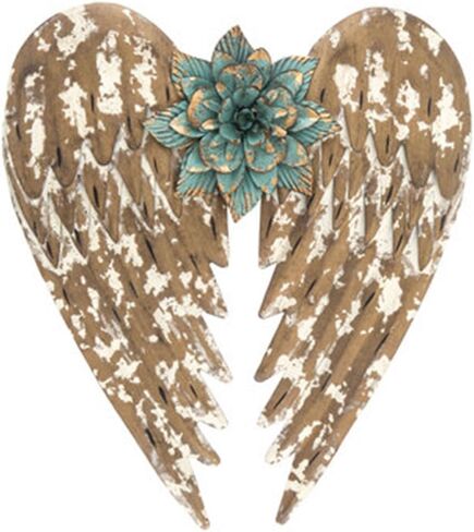 معرض ميشن جاليري مقاس 14.5 بوصة ديكور فني جداري من المعدن الذهبي المتعثر - إكليل أجنحة الملاك المعلق العتيق مع منحوتة حائط على شكل زهرة معدنية فيروزية in Kuwait