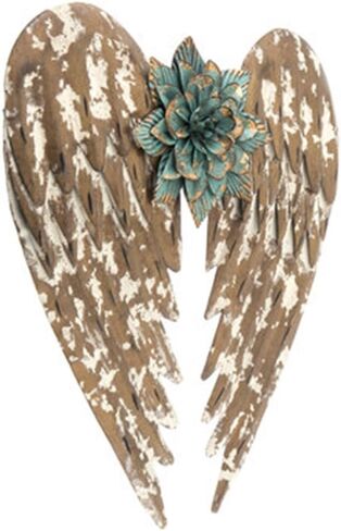 معرض ميشن جاليري مقاس 14.5 بوصة ديكور فني جداري من المعدن الذهبي المتعثر - إكليل أجنحة الملاك المعلق العتيق مع منحوتة حائط على شكل زهرة معدنية فيروزية in Kuwait