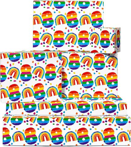 CENTRAL 23 Rainbow Wrapping Paper - 6 Sheets of Gift Wrap - 8th Birthday - For Boys and Girls - Age 8 Eight - Comes with Fun Stickers - Recyclable in Saudi Arabia