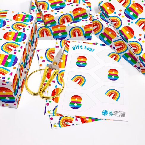 CENTRAL 23 Rainbow Wrapping Paper - 6 Sheets of Gift Wrap - 8th Birthday - For Boys and Girls - Age 8 Eight - Comes with Fun Stickers - Recyclable in Saudi Arabia