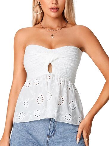 Umenlele Women's Strapless Twist Front Ruffle Hem Knitted Bandeau Tube Crop Top in Kuwait