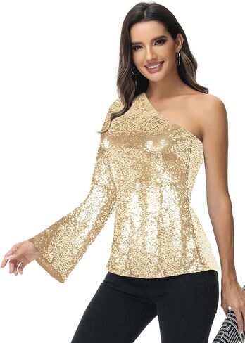 Anna-Kaci Women's Long Sleeve One Shoulder Sequin Party Top Blouse Sparkly Shirts in Saudi Arabia