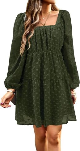 BestWendding Women's Casual Long Sleeve Mini Dress 2023 Fall Square Neck Ruffle Tiered Flowy Babydoll Dress in Kuwait
