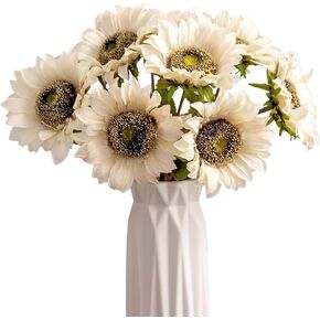7PCS Artificial White Sunflowers Long Stem Vintage Fall Sunflower Silk Flower Bouquet Table Centerpieces for Home Room Wedding Party Office Decor