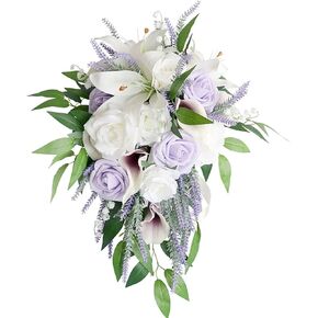 Bridal Bouquets for Wedding, Artificial Lavender Calla Lily Cascading Wedding Bouquet Real Touch Flowers for Wedding Ceremony Bridal Shower Home Decor