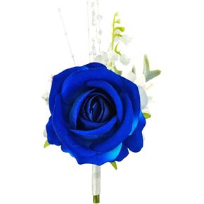 1Pc Single Royal Blue & White Boutonnieres for Men Wedding Prom, Artificial Rose Flower Groom and Groomsmen Boutonniere for Wedding Homecoming Ceremony Anniversary, Formal Dinner Party