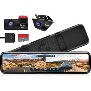 PORMIDO Mirror Dash Cam 12" with Detached Front Camera,Anti Glare Full Touch Split Screen HD 1296P,Car Backup Rear View Mirror Camera Dual Lens with Sony sensor,Super Night Vision,Parking Assistance in Kuwait