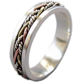 ENERGY STONE TWINE 5.5 mm Narrow Band Tri-Color Sterling Silver Meditation Spinner Ring (Style US40)