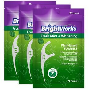 225 Piece BrightWorks Fresh Mint + Whitening Dental Flossers with plant-based handles, Super-Strong Floss and Mint-Flavored Floss with Micro-Crystals, 75 Count (Pack of 3)
