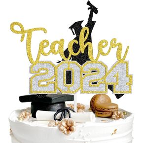 Congrats Teacher Cake Topper, 2024 Graduation Cake Topper, From Student to Teacher Cake Decorations, College Graduation Party Decorations Supplies, Black and Gold Glitter