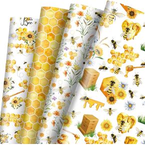 Whaline 12 Sheet Bee Wrapping Paper Honeybee Sunflower Gift Wrap Paper Watercolor BumbleBee Honeycomb Folded Decorative Paper for Summer Baby Shower Birthday Craft Gift DIY Decor, 19.7 x 27.6 Inch