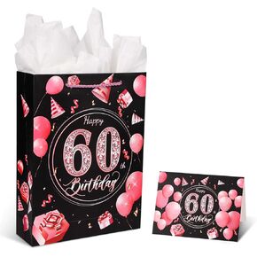 NQEUEPN Happy 60th Birthday Gift Bag, Black & Pink Happy Birthday Gift Wrap Bag for Women with Greeting Cards & Tissue Paper Gift Bag for Party Birthday Supplies