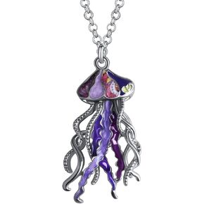 Enamel Alloy Jellyfish Seahorse Necklace Octopus Dolphin Pendant Ocean Fish Gifts for Women Girls Fashion Jewelry Charms (Purple)