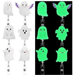 6 Pcs Glow in The Dark Ghost Retractable Badge Reel, Halloween Ghost Badge Reel, Acrylic ID Name Nurse Badge Holder with Alligator Clip and Retractable Cord for Nurses Doctor Teachers Gifts