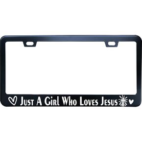 إطار لوحة ترخيص Just A Girl Who Loves Jesus للسيارات، حامل لوحة ترخيص من الفولاذ المقاوم للصدأ باللون الأسود مقاس 12 × 6 بوصة، مع فتحتين ومسامير