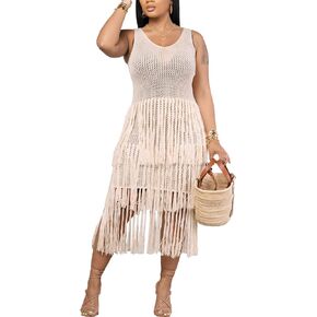 Bluewolfsea Beach Coverup for Women Crochet Tassel Hollow Out Sleeveless Long Maxi Dresses Bathing Suit Cover Ups