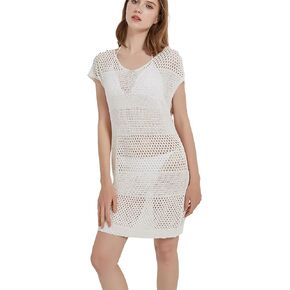 Women's Swimsuit Cover Up Short Sleeve Hollowed Out Sunscreen Cover Shirt Smock Beach Wear Knit Summer Swimwear Dress