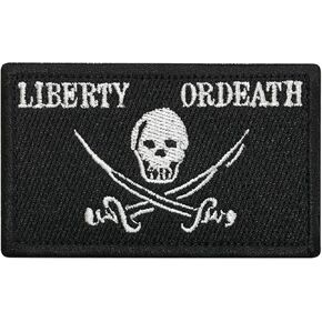 Morton Home-Pirate Jolly Roger of Calico Jack Tactical Morale Patch with Backing Liberty Or Death Skull Black Decorative Embroidered Appliques 2" High by 3.2"