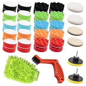 50Pcs Car Polishing Pad Kit Contains 3 Inch Buffing Pads Sponges, Foam Pad Brush and Car Wash Mitt Microfiber, Drill Adapter, Auto Polisher Attachment for Cars Trucks Motorcycles