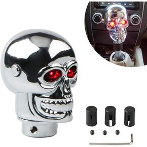 1 PC Car Gear Shift Head, 1.68" x 2.67" Alloy Cool 3D Skull Shape Smooth Easy-to-Grip Shift Lever Gear Head with LED Light, Personalized Accessories, for Cars, Trucks, SUVs (Silver & Red)