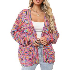 Women's Rainbow Knitted Cardigan Multicolor Striped Button Down Color Block Knit Sweater