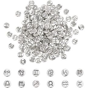 PH PandaHall 240pcs 12 Constellation Spacer Beads 10mm Flat Round Zodiac Beads Tibetan Alloy Lucky Charms for Bracelet Necklace Jewelry Making