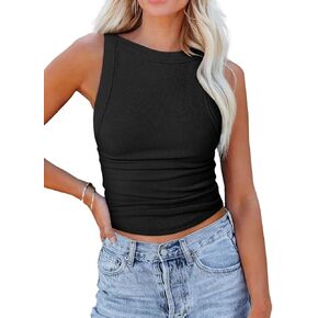 Vrtige Women's Casual Crewneck Sleeveless Ribbed Knit Fitted Tank Top Blouse