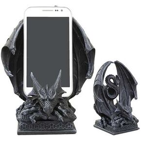 Ebros Ancient Crouching Dragon Cell Phone Holder Statue Mythical Medieval Fantasy Dungeons and Dragons Figurine in Faux Stone Resin Desktop Decor