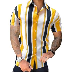 GORGLITTER Men's Hawaiian Striped Short Sleeve Shirt Button Down Collar Neck Summer Shirts