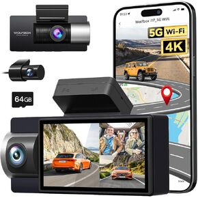 WOLFBOX 4K 3 Channel Dash Cam مدمج 5G WiFi GPS، 4K+1080P+1080P أمامي وخلفي من الداخل، بطاقة مجانية سعة 64 جيجابايت، كاميرا سيارة ثلاثية مع شاشة 3 بوصة، رؤية ليلية بالأشعة تحت الحمراء، مستشعر G، وضع انتظار السيارات على مدار 24 ساعة in Kuwait