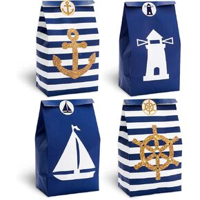 AnyDesign 24 Pack Nautical Party Paper Bags with Stickers Blue Stripes Candy Bags Marine Anchors Ship Goody Candy Treat Gift Bags for Nautical Themed Birthday Baby Shower Party Favor Supplies