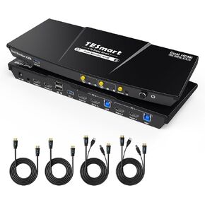 TESmart HDMI KVM Switch 2 Monitors 2 Computers 4K@60Hz, USB 2.0, Dual Monitor KVM Switch HDMI 2 Port Extended Display, EDID emulators, L/R Audio, Hotkey Switch, Button Switch with All Cables