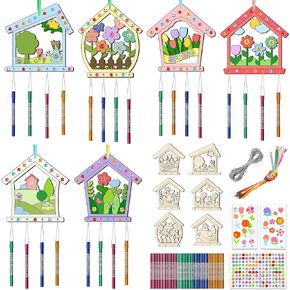 12PCS Birdhouse Wind Chime Kit for Kids Make Your Own Hollow Out Bird House Wind Chime DIY Coloring Wood Crafts Spring Wooden Arts and Crafts for Boys Girls School Activities Party Decoration