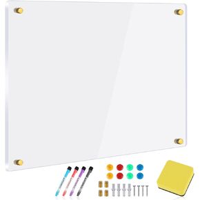 Patelai Clear Acrylic Dry Erase Board for Wall 18''x24'' Mount Non Magnetic Whiteboard Set Includes Acrylic White Board 4 Markers 1 Eraser 8 Magnets 4 Wall Studs for Office School