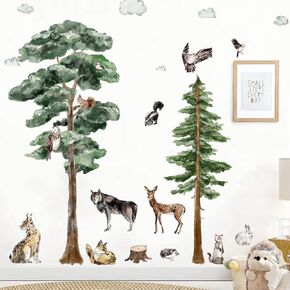 68in X-Large Pine Tree Safari Animals Wall Decals Woodland Nursery Wall Decor Watercolor Forest Animal Wall Decal Peel and Stick Deer Birds Owl Wolf Stickers for Kids Room Wall Art Baby Nursery Decor