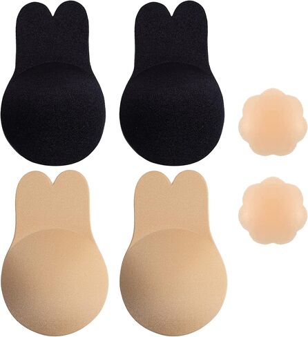 Sticky Bra Strapless Sticky Invisible Push up Silicone Bra for Backless Dress with Nipple Covers Adhesive Bra(C&D Cup), 2 Pairs(black&nude)c&d in Saudi Arabia