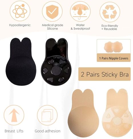 Sticky Bra Strapless Sticky Invisible Push up Silicone Bra for Backless Dress with Nipple Covers Adhesive Bra(C&D Cup), 2 Pairs(black&nude)c&d in Saudi Arabia