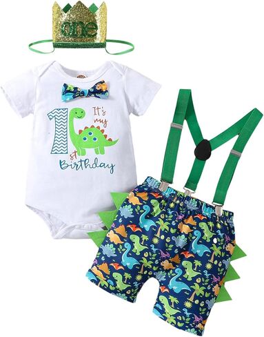 طفل صبي 1st عيد ميلاد الملابس ربطة القوس فيونكة ديناصور رومبير فستان أطفال مع سروال داخلي قابل للتعديل Y الظهر الحمالات كعكة سحق وتتسابق in Kuwait
