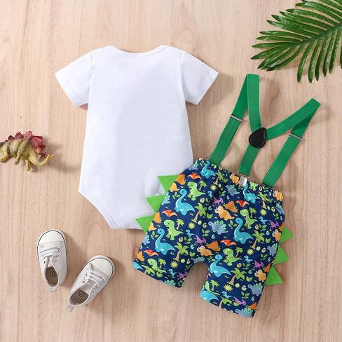 طفل صبي 1st عيد ميلاد الملابس ربطة القوس فيونكة ديناصور رومبير فستان أطفال مع سروال داخلي قابل للتعديل Y الظهر الحمالات كعكة سحق وتتسابق in Kuwait