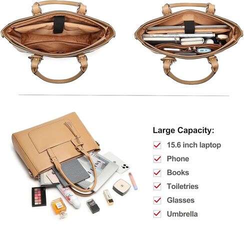 حقيبة كمبيوتر محمول للنساء، حقيبة يد جلدية للعمل بالكمبيوتر مقاس 15.6 بوصة، مقاومة للماء وخفيفة الوزن وحقيبة يد احترافية وحقيبة كتف للعمل والمكتب والسفر in Kuwait