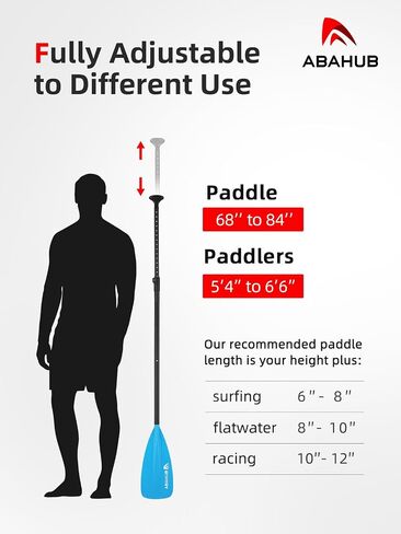 Abahub SUP Paddle - 3 Piece Adjustable Paddles - Lightweight Stand-up Paddle Oars for Paddleboard, Adjustable Aluminum Alloy Shaft 68" - 84", Black/Blue/Green/Orange/Red/Yellow Plastic Nylon Blade in Kuwait