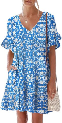 nclook Women's Summer Casual Dress Sweet & Cute V-Neck Mini Dress with Pocket Short Sleevele Ruffle Dress in Saudi Arabia