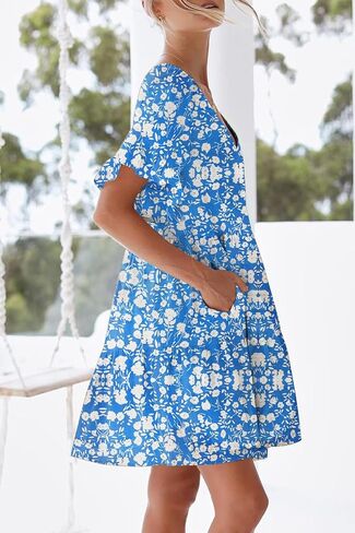 nclook Women's Summer Casual Dress Sweet & Cute V-Neck Mini Dress with Pocket Short Sleevele Ruffle Dress in Saudi Arabia