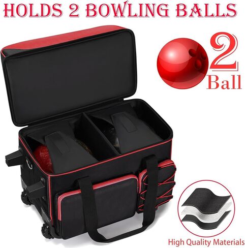 Large 2 Ball Bowling Bag With Rollers丨with Fixed Bowling Ball Device Roller Bag丨Extendable Handle to 42"丨Bowling Ball Roller Bag Fits 1 Pair Of Men'S Size 16 Bowling Shoes (Bowling Ball Not Included) in Kuwait