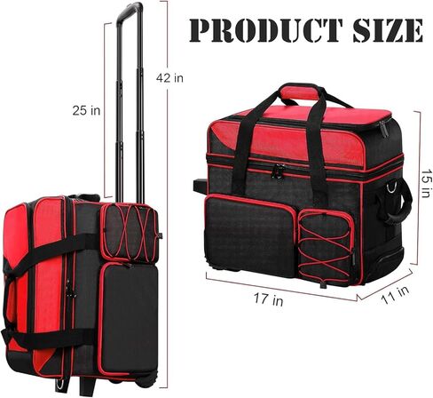 Large 2 Ball Bowling Bag With Rollers丨with Fixed Bowling Ball Device Roller Bag丨Extendable Handle to 42"丨Bowling Ball Roller Bag Fits 1 Pair Of Men'S Size 16 Bowling Shoes (Bowling Ball Not Included) in Kuwait