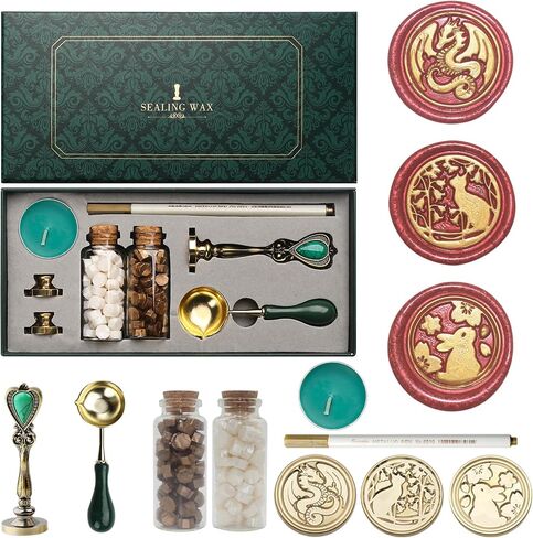 Wax Seal Stamp Kit, Andotopee Animal Wax Seal Kit with 3 Brass Heads Dragon/Cat/Rabbit, Vintage Metal Handle Sealing Wax Stamp Set with Wax Seal Beads, Warmer Tools, Metallic Pen (Gift Box Set) in Saudi Arabia