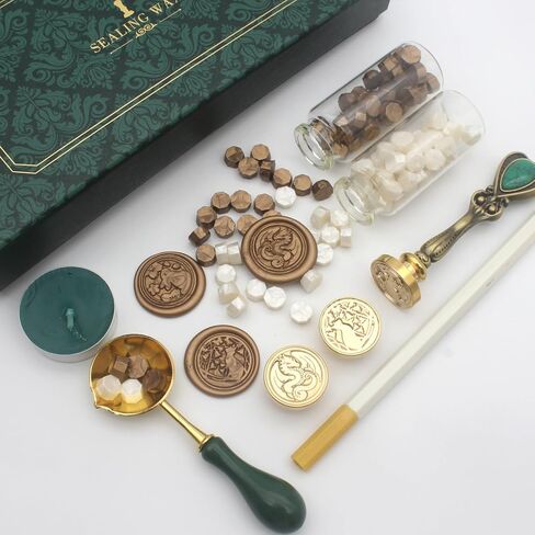 Wax Seal Stamp Kit, Andotopee Animal Wax Seal Kit with 3 Brass Heads Dragon/Cat/Rabbit, Vintage Metal Handle Sealing Wax Stamp Set with Wax Seal Beads, Warmer Tools, Metallic Pen (Gift Box Set) in Saudi Arabia
