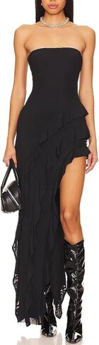 Capuffy Womens Tube Strapless Maxi Dress Ruffles Irregular Hem Cocktail Party Dress Off Shoulder High Slit Evening Dress 312 in Saudi Arabia